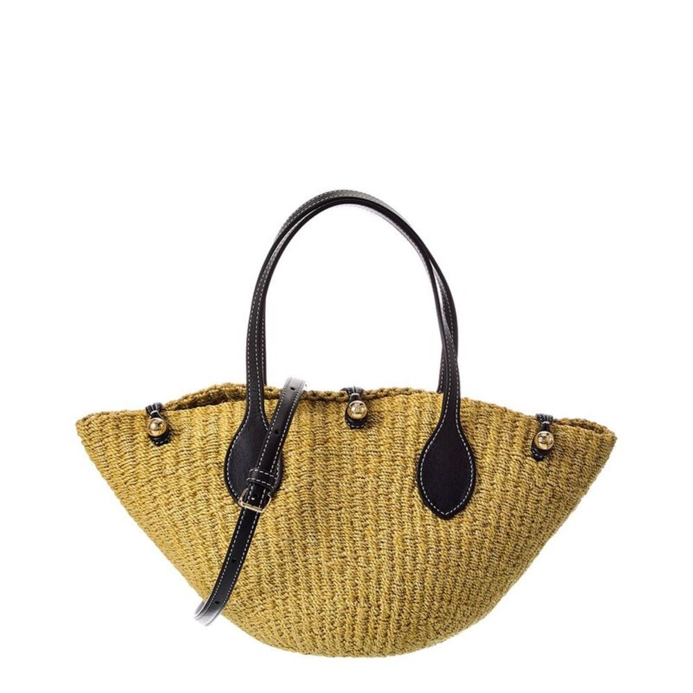 Celine Triomphe Beads Small Sisal & Leather Basket Tote, White